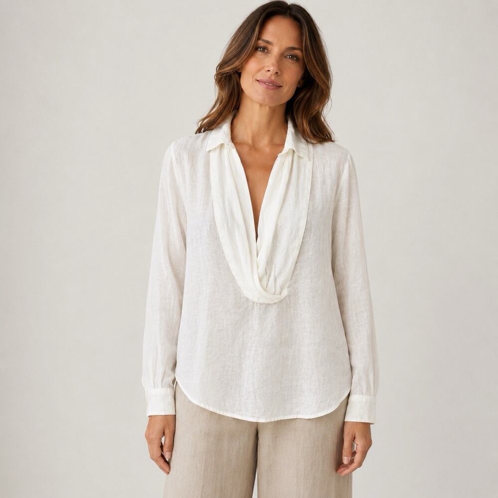 NEW CP Shades Medium Linen Tunic Shirt Long sleeve Coastal White Deep V Popover